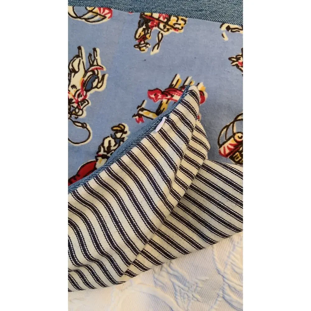 Handmade Cowboy Print Pillow Sham, Vintage Blue Flannel, Denim Trim (16
